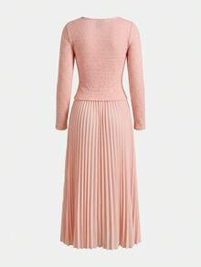 Elegant Women's Long Sleeve V-Neck Pink Pleated Cinched Waist Full Skirt Woven Maxi Dress, Suitable For Formal Occasions - Pink - View 2
