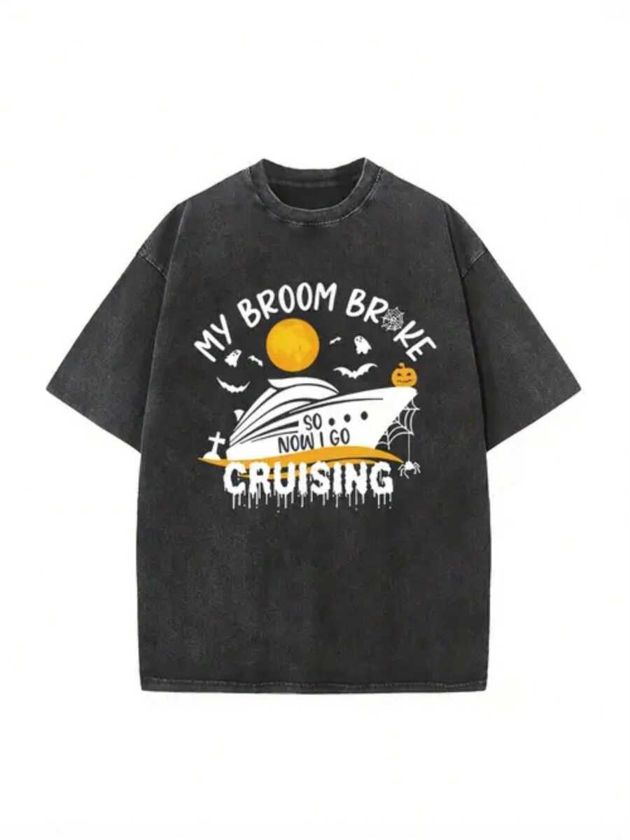para Cruceros - Camiseta Negra Lavada de 250 g/m² - Corte Holgado con Cuello Redondo, Perfecta para Halloween, Día de Acción de Gracias, Fiestas de Crucero - Prenda Vintage Lavable a Máquina - Negro - Ver 1