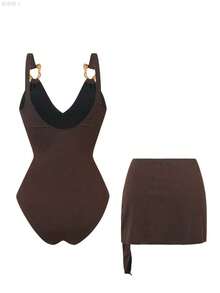 yonghongmaoyi1 Swim Oasis Traje de baño de una pieza con falda de tela especial de unicolor para mujer 2026, conjunto de ropa de baño casual para res - Beis - Ver 3
