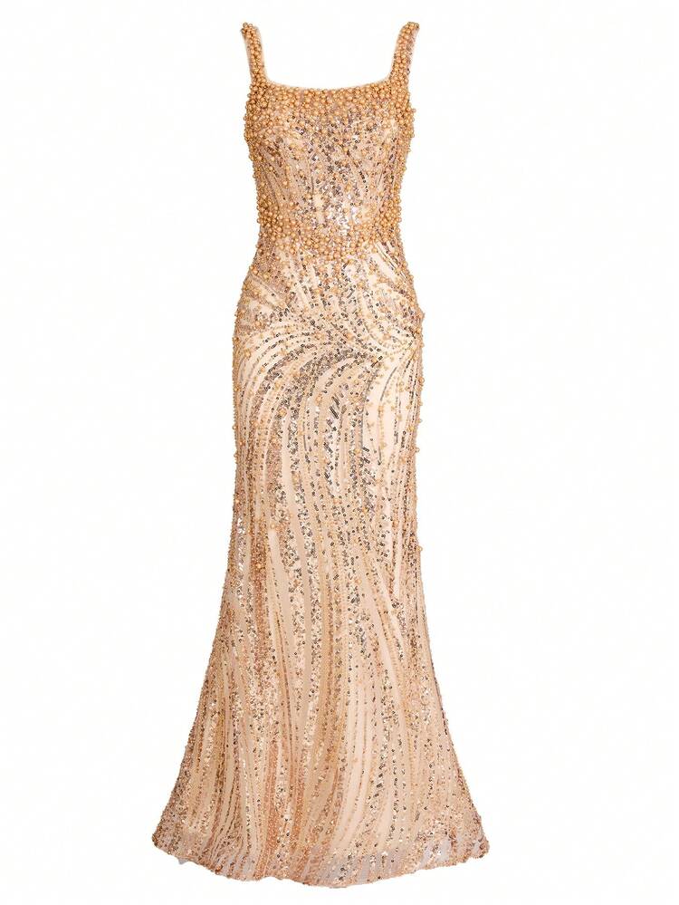 Women's Formal Champagne Pearl Embellished Evening Gown, Suitable For Summer Gala, Wedding Guest, Cocktail Party, Graduation Ceremony - Gold - View 7