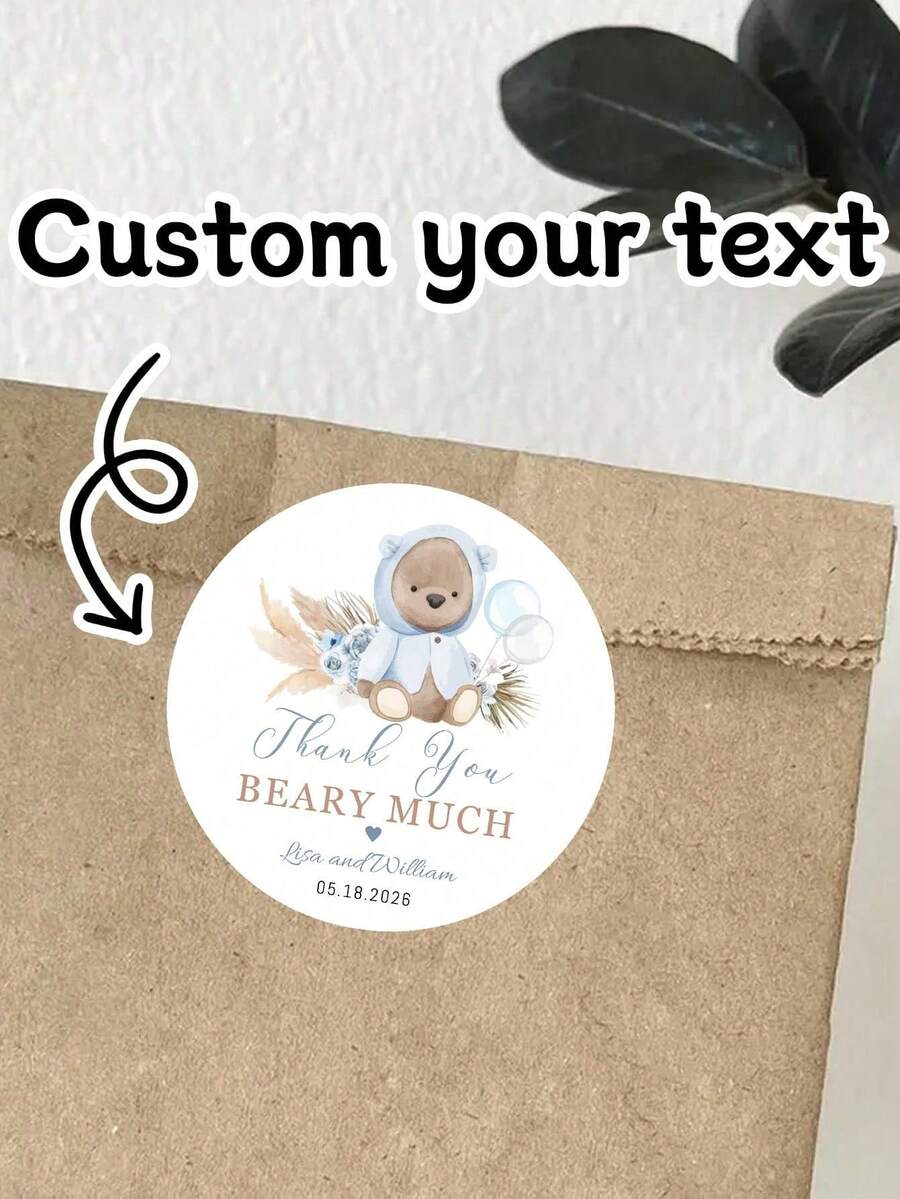 54-540pcs Custom Little Bear Thank You Stickers, Round Stickers, Customized Text Round Stickers, Customizable Birthday Stickers, Birthday, Gift Boxes - Style a - View 1