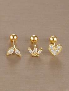 Bộ 3 món bông tai xoắn mạ vàng 18K thép không gỉ đính đá Cubic Zirconia, bông tai kẹp vành tai hình hoa đính đá Cubic Zirconia, trang sức hàng ngày cho nữ - Hoa3 - Xem 11