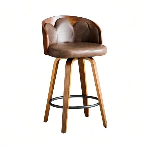 Juego de 2 taburetes de bar con respaldo estampado floral, madera curvada, piel sintética, reposapiés de metal, estilo moderno. - Marrón - Ver 1