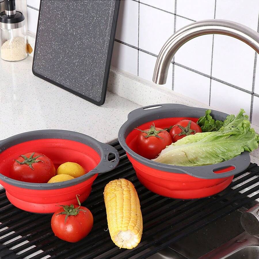 Collapsible Silicone Strainer Basket, Round 23cm Diameter Countertop Vegetable & Fruit Storage Basket, Kitchen Sink Washing, Foldable Portable, Hollow Quick Drainage, Random Color - M - View 1