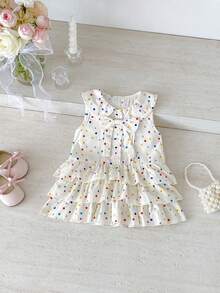 1pc Girls Outdoor Casual Sweet Multi-Layer Ruffle Colorful Polka Dot Sleeveless Dress Summer - Apricot - View 2