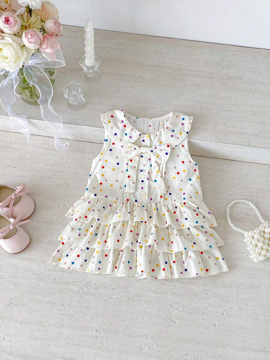 1pc Girls Outdoor Casual Sweet Multi-Layer Ruffle Colorful Polka Dot Sleeveless Dress Summer