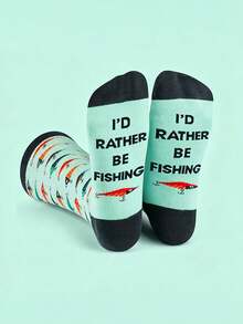 1 Pair Funny Fishing Theme English Mid-Calf Socks, Lure Bait Print Personalized Casual Versatile Men's Socks - Multicolor - View 1