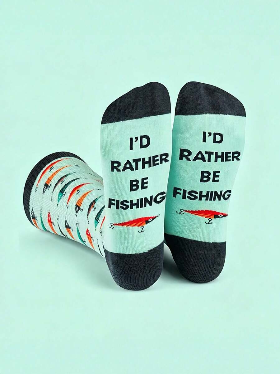 1 Pair Funny Fishing Theme English Mid-Calf Socks, Lure Bait Print Personalized Casual Versatile Men's Socks - Multicolor - View 1