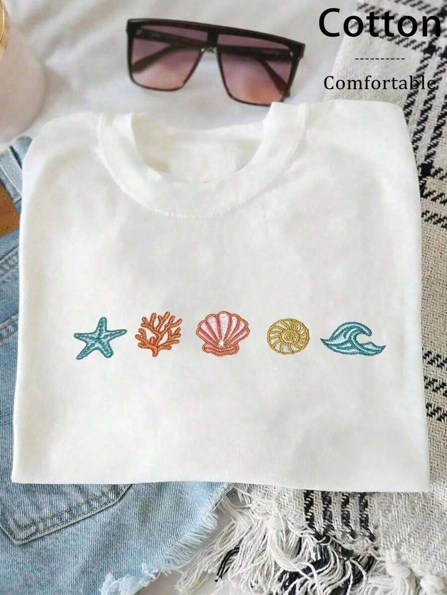 3 piezas de Camisetas cortas y ajustadas de mujer con cuello redondo, de manga corta, de estilo minimalista y casual, con estampado de cerezas, apropiadas para el verano - Blanco - Ver 1
