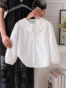 Girls' Classic White Long Sleeve Shirt With Collar, Autumn - White - View 1