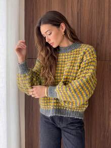 Women Geo‑Jacquard Crew Neck Sweater, Drop‑Shoulder Long Sleeve Oversized Loose Knit Pullover, Casual Fall Daily Top Fall Outfits - Multicolor - View 4