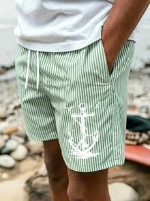 Men's Striped Casual Beach Shorts With Drawstring, Summer - Mint Green - View 2
