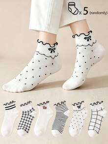 5 Pairs Women's Pure Cotton Short Socks, Spring/Summer Style, Breathable, Suitable For Various Festivals, Casual And Daily Wear, Random Colors - Multicolor - View 3