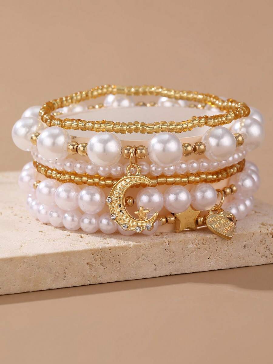 6pcs/Set Girls Moon Star Heart Letter Pearl Seed Bead Bracelet Set Combination Suitable For Daily Decoration - Multicolor - View 1