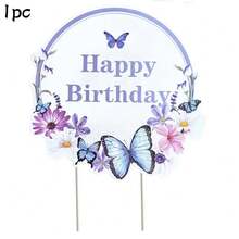 35pcs/24pcs/1pc Purple Butterfly Happy Birthday Cake Cupcake Topper With Ribbon Set, Girls Birthday Party Cake Decoration - Multicolor - View 12