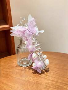 1件女童蝴蝶花朵裝飾繩髮圈，珍珠與水鑽螺旋馬尾髮圈，時尚女童髮飾 - 彩色 - 查看 7