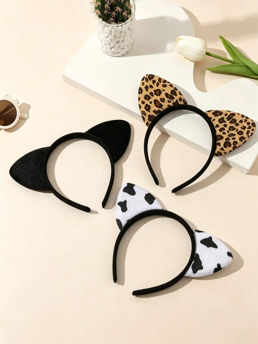 3 Piecescute Leopard Print Cow Ear Styling Headband, The Perfect Choice For Daily Accessories - Multicolor - View 1