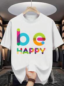 Camiseta de Moda de Verano para Hombre "BE HAPPY" - Poliéster Casual de Manga Corta con Cuello Redondo, Estampado de Letras Coloridas, Lavable a Máquina, Camisetas Lindas - Blanco - Ver 1