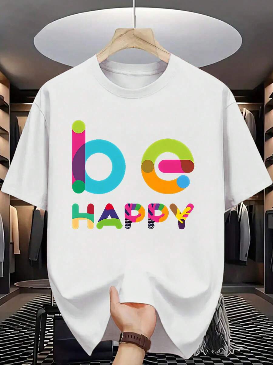 Camiseta de Moda de Verano para Hombre "BE HAPPY" - Poliéster Casual de Manga Corta con Cuello Redondo, Estampado de Letras Coloridas, Lavable a Máquina, Camisetas Lindas - Blanco - Ver 1