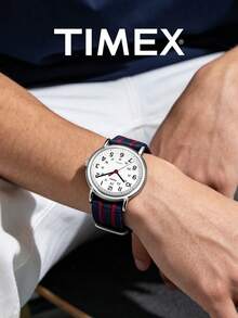 Timex Unisex Retro Navy Stripe Nylon Strap Quartz Watch White Dial Red Accent 24H Casual Watches Preppy Skate Street Style Campus Couple Teen Gift - 海軍藍條紋 - 查看 2