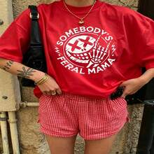 Heartfelt Daily Casual Graphic T-Shirt 100% Cotton Oversized Soft Breathable Casual Crewneck Short Sleeve Top Vintage Aesthetic Red Checkered Shorts Street Style Fashion Lovers Casual Wearers Daily Outfit Enthusiasts Gift Givers - 紅色 - 查看 18