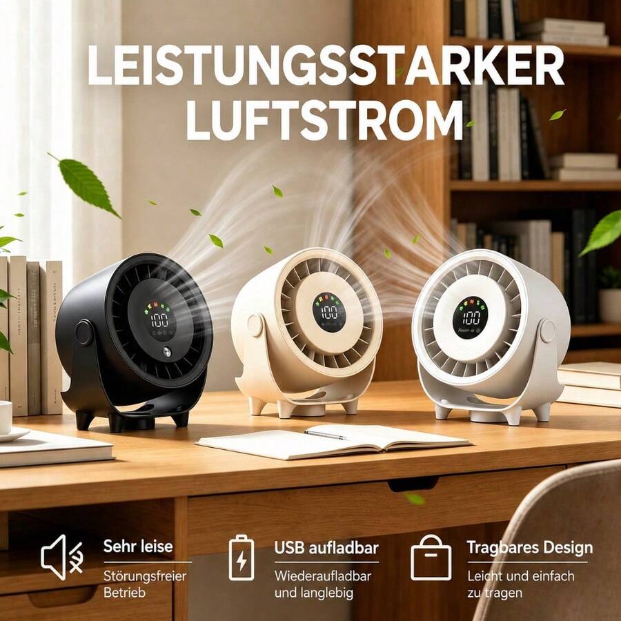 USB Wiederaufladbarer Tragbarer Nebelventilator, 100 Geschwindigkeitsstufen, 3600mAh Akku Tischventilator, Leiser Kühlventilator mit Wandhalterung, Luftzirkulator für Büro, Schlafzimmer, Camping und Outdoor