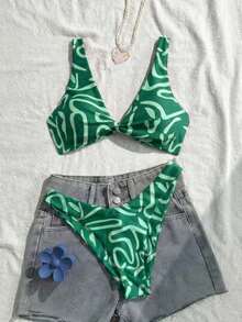 Conjunto de bikini de bandeau con estampado completo y nudo delantero, moda de verano para vacaciones en la playa para mujer - verde menta - Ver 1
