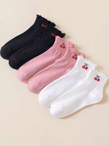 3/6雙女款中筒襪，荷葉邊設計搭配櫻桃刺繡，日系甜美風百搭短襪，適合日常通勤與休閒穿著 - 彩色 - 查看 3