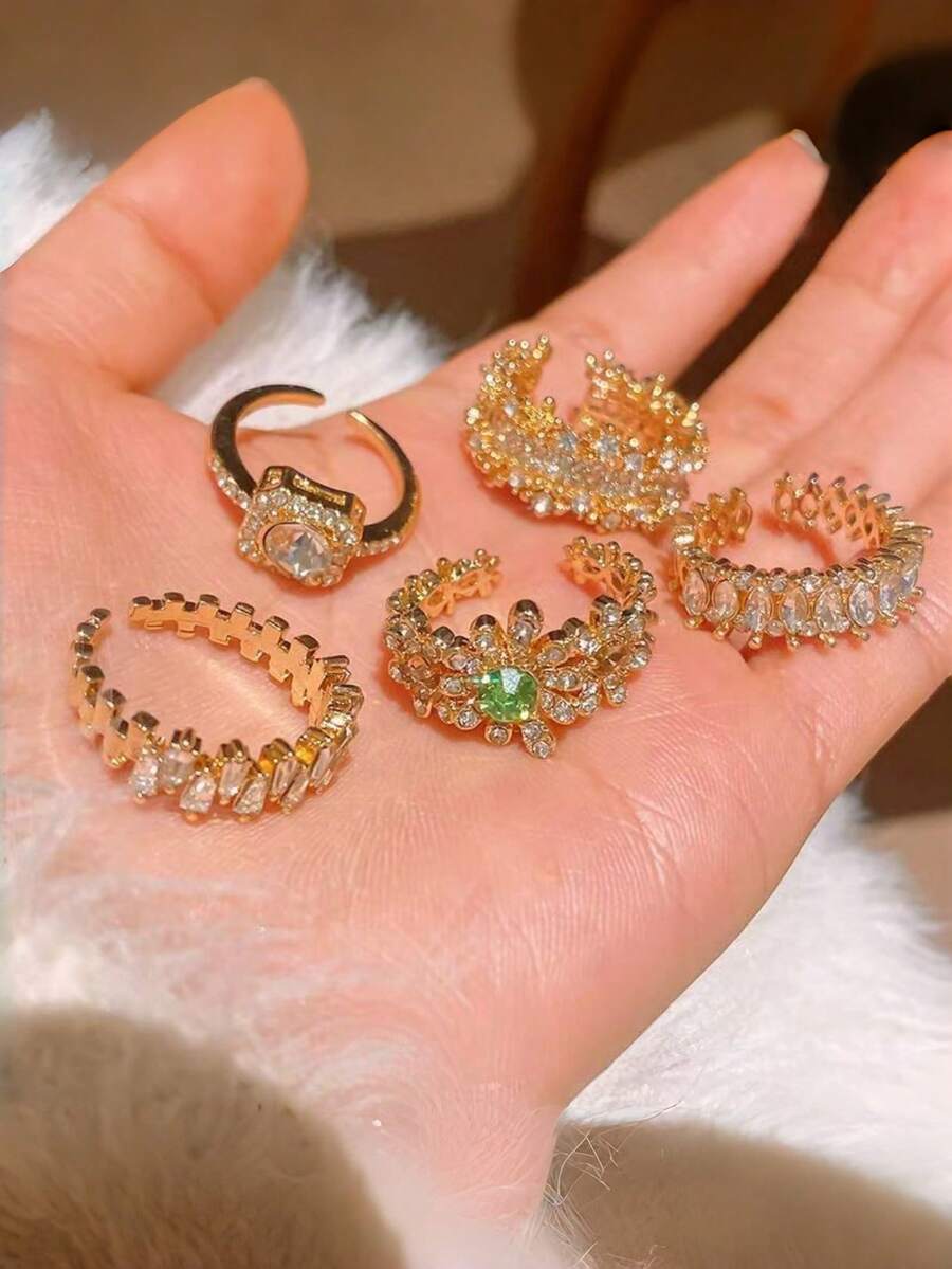 Bộ 5 chiếc/1 chiếc nhẫn phong cách Pháp tối giản cổ điển đi du lịch, nhẫn thời trang hở đính đá zirconia tổng hợp, trang sức cho kỳ nghỉ, tiệc tùng, tụ tập (không bao gồm hộp trang sức) - Vàng - Xem 1