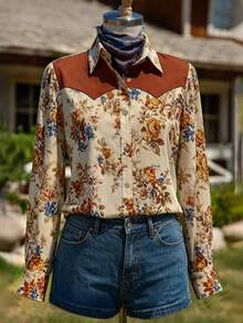 VEXHEIMA Western Style Women's Bohemian-Style , Elegant, And Versatile Suede Shirt With Vintage Print, Button-Down Collar, And Long Sleeves Vacation - Multicolor - View 7