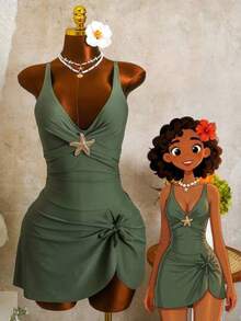yonghongmaoyi1 Zestiva Falda de traje de baño elegante para mujer con correa ancha de unicolor y decoración de estrella de mar, adecuada para primave - Verde - Ver 1