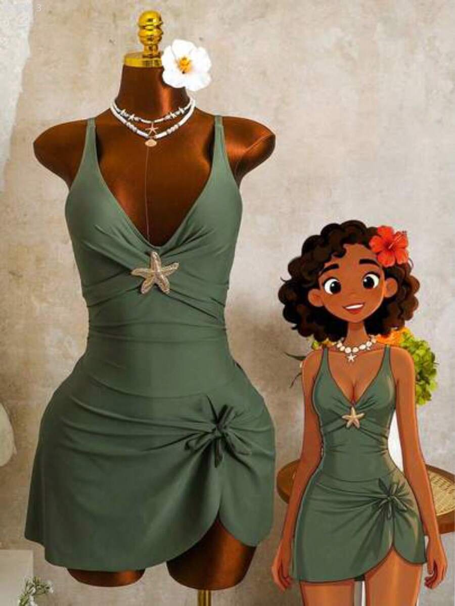 yonghongmaoyi1 Zestiva Falda de traje de baño elegante para mujer con correa ancha de unicolor y decoración de estrella de mar, adecuada para primave - Verde - Ver 1
