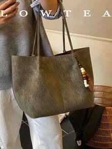 Low Tea 2pcs Solid Color PU Fabric Tote Bag Women's Vintage Fashion Shoulder Tote Bag Top Double Handle Design Snap Closure Suitable For Travel, Shopping, Dating, Women's Gift, Perfect For Commuting, Outdoor, Travel, Outing (With Pendant) - Green - View 5