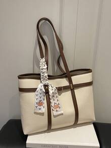 Bolso tote de hombro de gran capacidad con bufanda gratis, color liso, estilo casual de moda para uso diario, bolso de mano de PU con patchwork de bloques de color - Beis - Ver 6