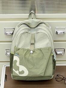 Dopamine Color-Block Water-Resistant Large Capacity Ultra-Light Backpack, Outdoor Casual Drawstring Design Multi-Pocket Functional Backpack, Student Commuter Travel Backpack, Suitable For School, Tutoring, Work, Commuting, Shopping, Travel, Back To School Season - Multicolor - View 10