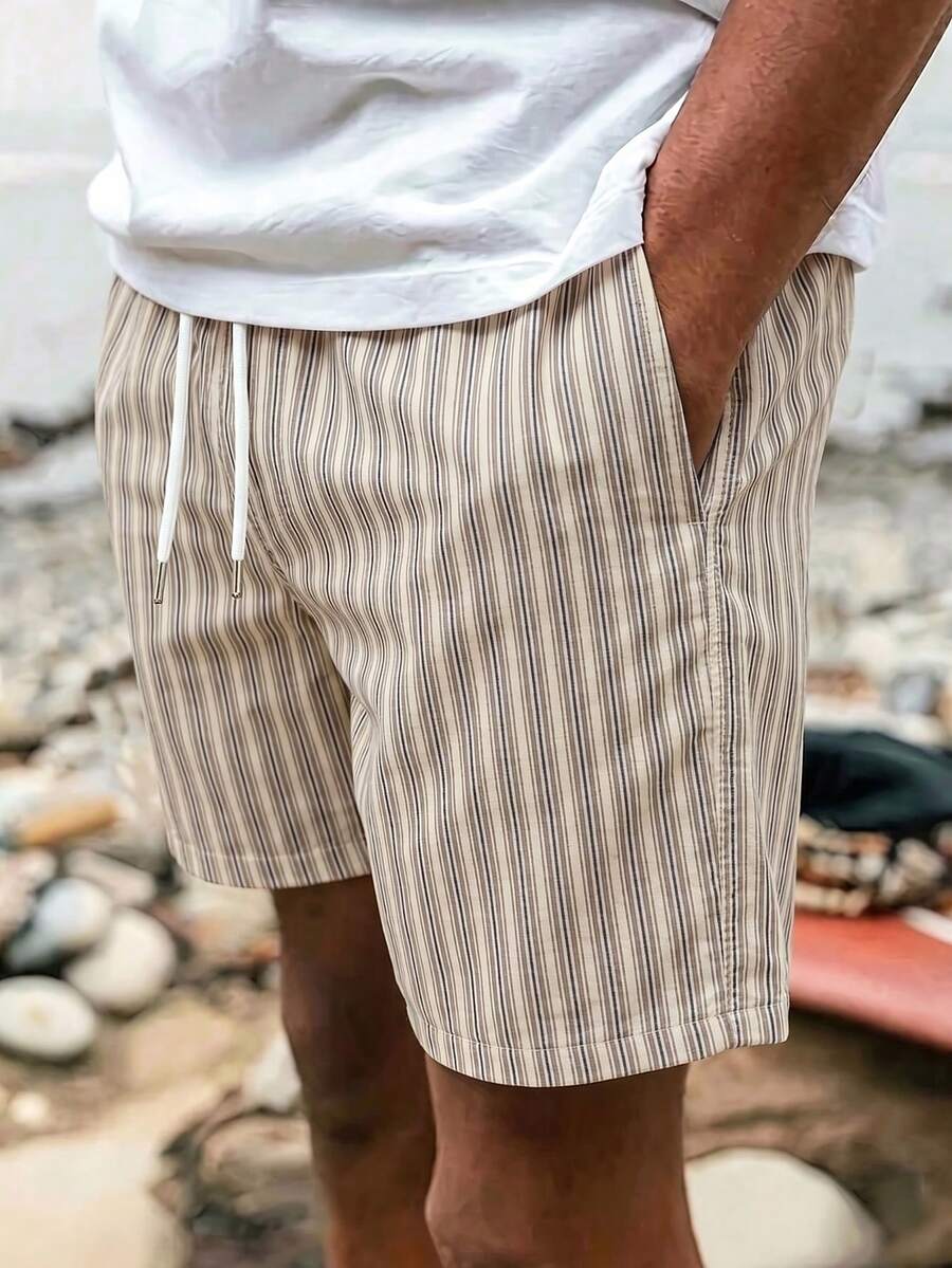 Men's Drawstring Waist Striped Casual Versatile Beach Shorts, Summer - Grey - View 1