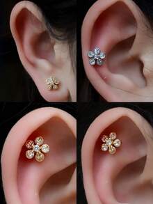 1pc Copper Cartilage Ear Stud With Tiny CZ Zirconia, 18K Gold Plated, Hypoallergenic Crystal Flower, Flat Back, Spiral Ear/Ear Cartilage/Ear Helix/Nose Stud, Piercing Jewelry 20G - A Pair Of Round  Flower Earrings - View 10