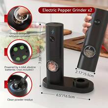 2pcs Electric Grinder Set (Includes Base + Brush), Separate Grinding For Pepper And Sea Salt, Battery Operated One-Touch Operation Portable, Ceramic Grinding Core More Durable, Suitable For Picnic, Kitchen, RV, Travel, Best Companion For Steak - 黑色 - 查看 3