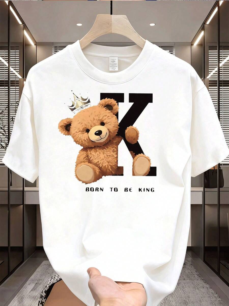 Men's Casual Urban Fashion T-Shirt With Brown Teddy Bear Print, Gold Crown, And Letter K "Born To Be King", Adult Clothing, Christmas Or Halloween Gift, Style - 白色 - 查看 1