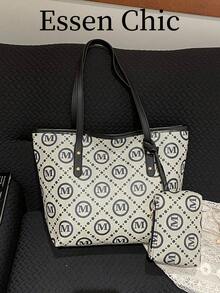 1件黑色夏季新款金屬鉚釘裝飾復古花卉PU大容量托特包女款單肩包（附贈小包掛飾） - 黑色 - 查看 7