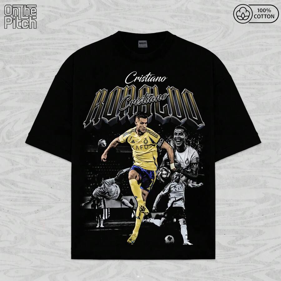 FIFA-Collection Cristiano Ronaldo T-Shirt - Vintage Ronaldo Signature Bootleg Shirt, Unisex Heavyweight Oversized Soccer Graphic T-Shirt, Premium Gift - 黑色 - 查看 1