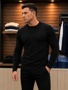 Men's Basic Knitting Sweater Round Neck Long Sleeve - Black - View 2