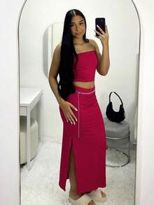 Gringa Set: Long Skirt And Strapless Cropped Top - Hot Pink - View 2