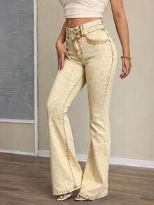 Elastic Bell Bottom Jeans, Butt Lifting And Tummy Control - 薑色 - 查看 3