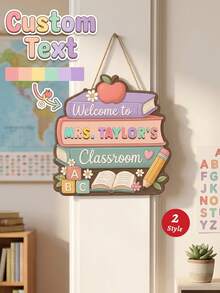 1 pièce Panneau de bienvenue en bois personnalisé avec livres empilés pour la salle de classe, décoration murale de porte avec nom d'enseignant personnalisé, cadeau de remerciement pour enseignant d'anglais, rentrée scolaire, panneau de bienvenue pour nouvel enseignant, essentiel de salle de classe, cadeau pour la fête des enseignants - Multicolore - Voir 2