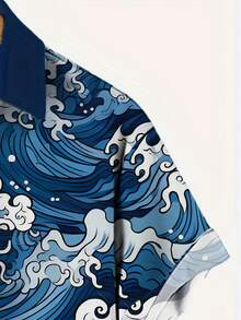 Men'S Casual Short-Sleeve Hawaiian Shirt With Wave Print, Perfect For Summer Vacations, Men'S Top, A Great Gift For Men Plus Size - 藍色 - 查看 4