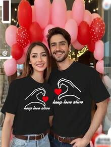 Conjuntos para Parejas, una Camiseta Romántica a Juego con Estampado "Que el Amor Dure" - Cuello Redondo Casual, Manga Corta, Elástica, Lavable a Máquina - Opción Perfecta para el Día de San Valentín, Disponible en Varios Colores, un Regalo Festivo para el Día de San Valentín - 1 unidad - Negro para hombre - Ver 1