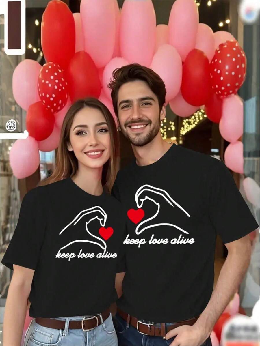 Conjuntos para Parejas, una Camiseta Romántica a Juego con Estampado "Que el Amor Dure" - Cuello Redondo Casual, Manga Corta, Elástica, Lavable a Máquina - Opción Perfecta para el Día de San Valentín, Disponible en Varios Colores, un Regalo Festivo para el Día de San Valentín - 1 unidad - Negro para hombre - Ver 1