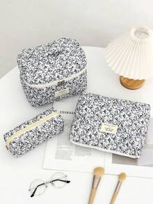 3pcs Set Pastoral Floral Makeup Bag Set, Desktop Makeup & Skincare Organizer For Accessories, 3 Scientific Sizes Large/Medium/Small To Neatly Store Powder, Lipstick, Earphones And Travel Bottles, Soft Skin-Friendly Fabric With Padded Lining For Basic Shock Protection To Prevent Daily Scratches, Also Can Be Used As Coin Purse Or Mini Crossbody Bag - Multicolor - View 4