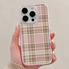 1pc Pink Frame Transparent Minimalist Lens Protection Anti-Drop Anti-Collision Minimalist Milk Tea Pink Fine Grid Pattern Phone Case Personalized Compatible With IPhone 16 Pro Max 17/16/15/14 Plus/13/12/11 Protective Case Air Compatible With Samsung Series - Multicolor - View 2